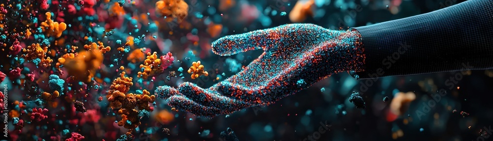 A close-up of a hand reaching out amidst vibrant flowers, illuminated with colorful particles, creating a surreal and artistic atmosphere. A close-up of a hand reaching out amidst vibrant flowers, illuminated with colorful particles, creating a surreal and artistic atmosphere.