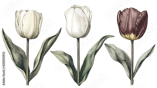 Elegant Vintage Illustration of Three Unique Tulip Flowers