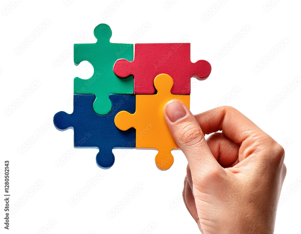 Assembling colorful puzzle pieces by hand isolated on transparent background Assembling colorful puzzle pieces by hand isolated on transparent background
