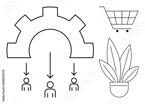 Gear distributing tasks to team members, plant representing growth, and shopping cart symbolizing commerce. Ideal for business processes, team management, productivity, workflow, organization