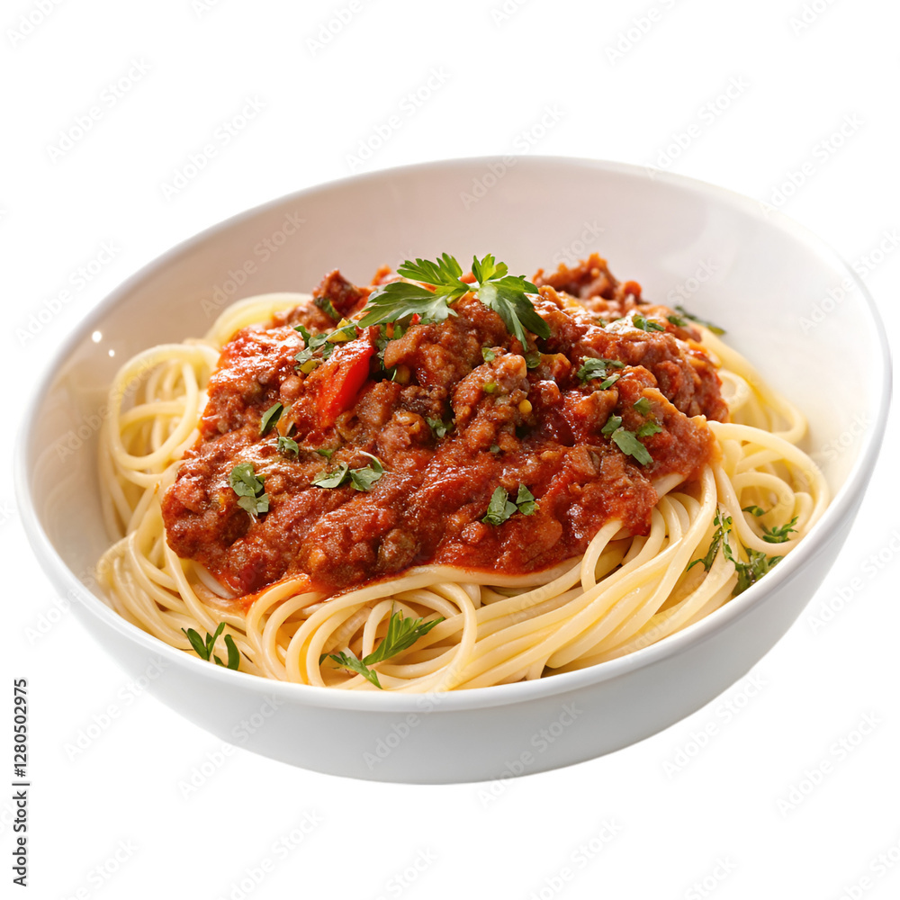 Delicious Spicy Noodles with Meat in a Bowl Tasty Asian Food on white background Generated by Ai. Delicious Spicy Noodles with Meat in a Bowl Tasty Asian Food on white background Generated by Ai.