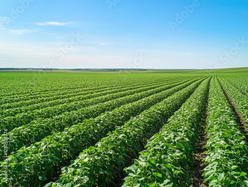 Vast, vibrant soybean field under clear blue sky