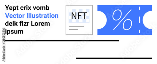 NFT certificate with grid layout next to blue discount voucher featuring percentage symbol. Ideal for blockchain, e-commerce, promotions, digital assets, marketing, savings, abstract line flat