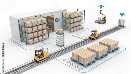 Automated Warehouse Logistics System with Robotics and Conveyors for Efficient Goods Handling photo