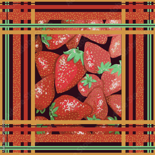 Strawberry seamless background pattern with geometric elements. Hand drawn pattern