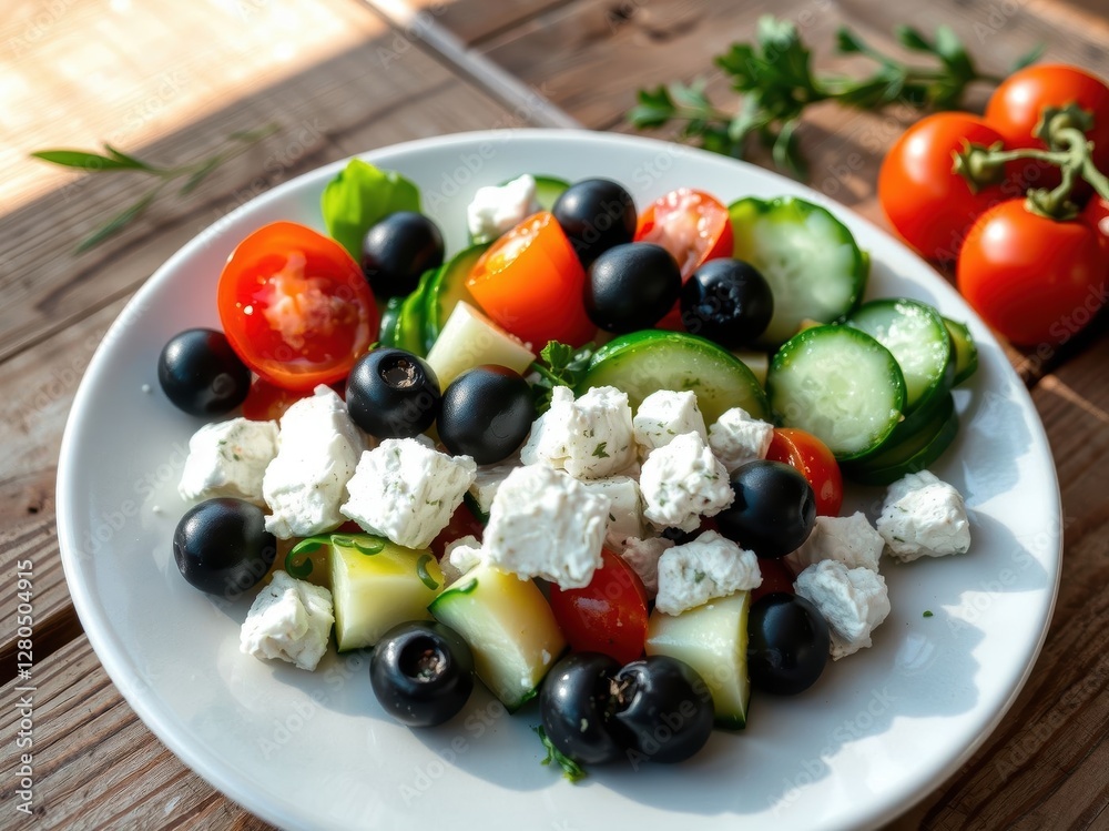 Greek Salad on Wooden Table Greek Salad on Wooden Table