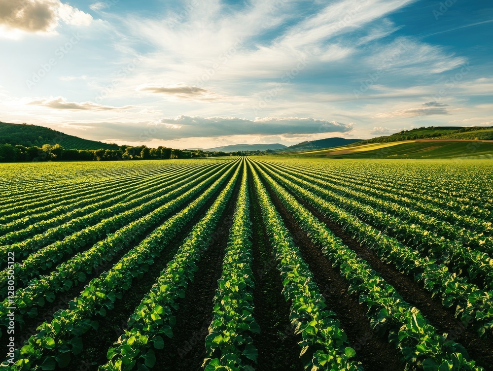 Sunset over cultivated rows of crops in a vast agricultural field Sunset over cultivated rows of crops in a vast agricultural field