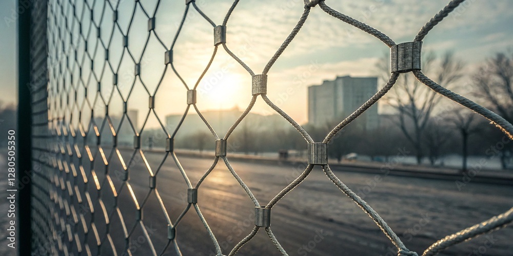 A captivating closeup view of a wire mesh fence at sunrise, showcasing the sun's rays filtering through the intricate diamond pattern of the fence, with a blurred background A captivating closeup view of a wire mesh fence at sunrise, showcasing the sun's rays filtering through the intricate diamond pattern of the fence, with a blurred background