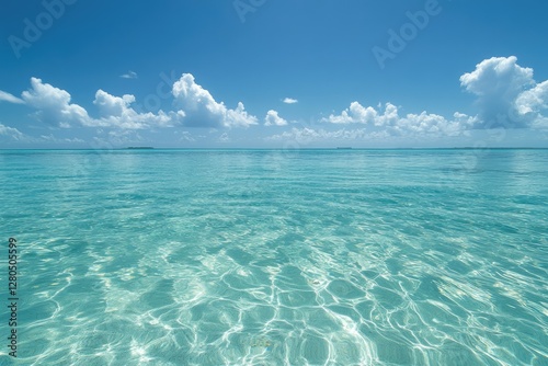 Serene turquoise ocean under a vibrant blue sky dotted with fluffy white clouds.