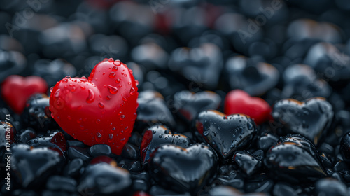 close up of several red glossy hearts surrounded by identical black hearts. concept of the rarity of true love