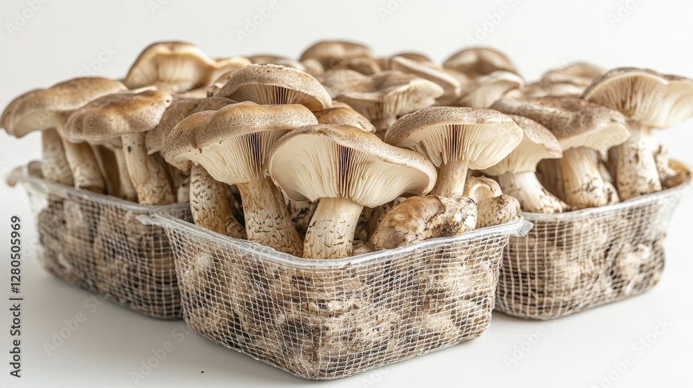 Mushroom trays covered with protective netting revealing button mushrooms underneath Mushroom trays covered with protective netting revealing button mushrooms underneath