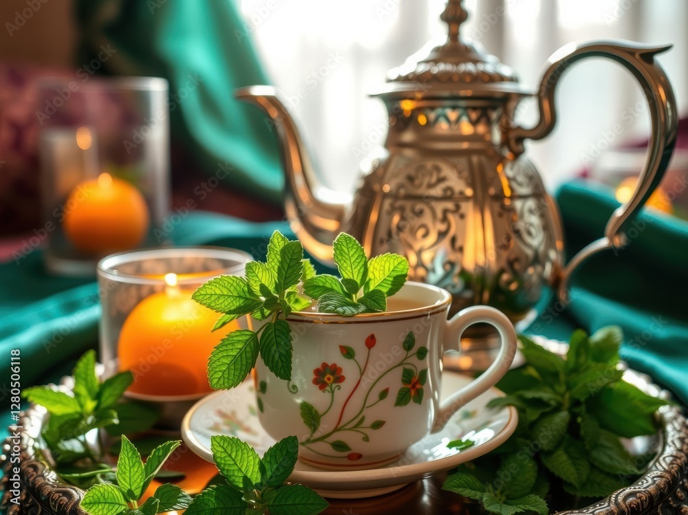 Fototapeta premium Mint Tea with Candles and Silver Teapot