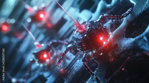 Future Tech: A close-up view of a swarm of futuristic robotic nanites with glowing red eyes and intricate mechanical details, floating in a blue environment. photo