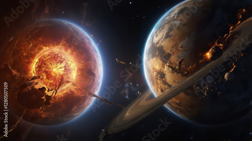 Dramatic View of Colliding Planets in a Vibrant Space Scene

