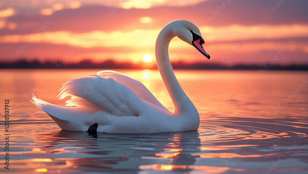 Fototapeta premium A serene and majestic swan, its snow-white feathers glistening with subtle shades of cream, stands poised on the tranquil surface of a lake at sunset, created by generative ai