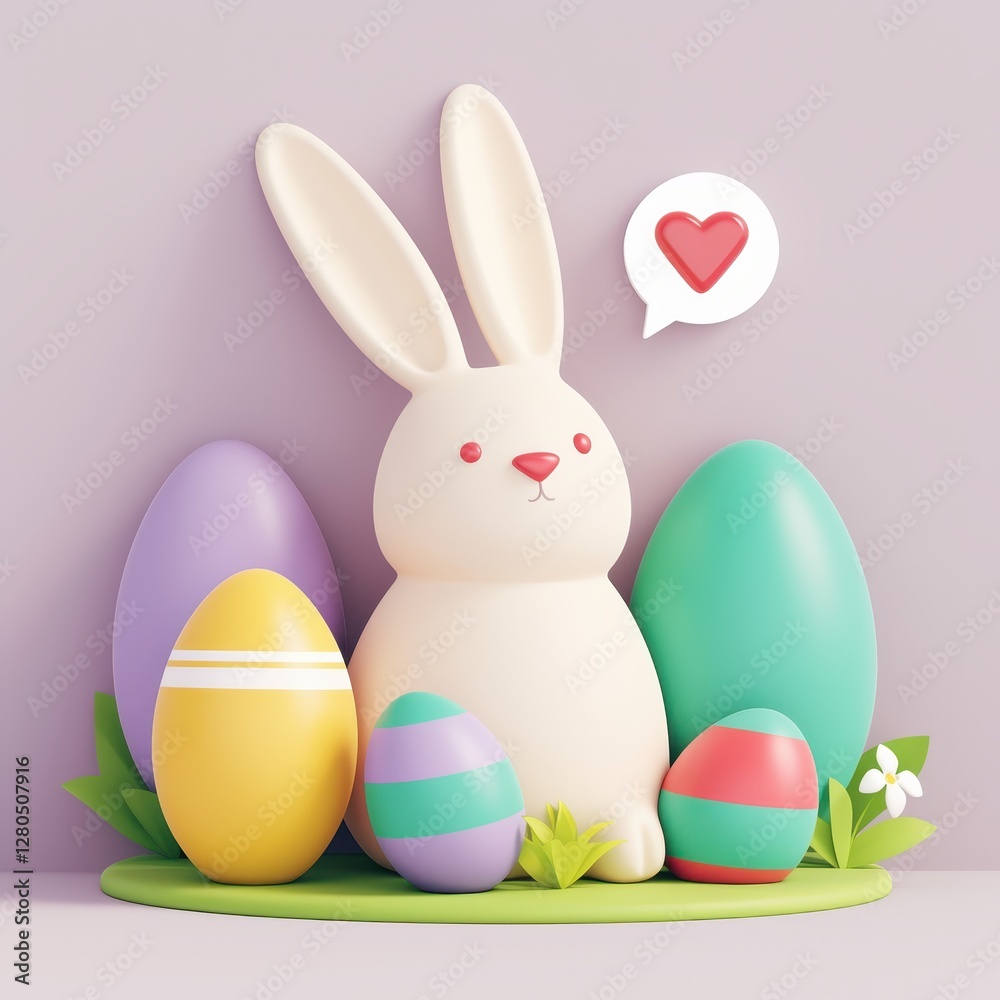 Obraz premium Easter bunny and hope concept. Cute bunny with colorful eggs and a heart speech bubble.