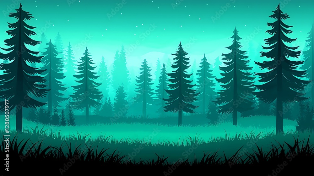 Obraz premium Serene Forest Landscape with Tall Pine Trees and Mystical Atmosphere