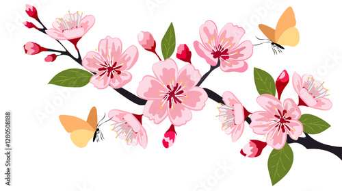 Elegant cherry blossom vector illustration featuring delicate pink flowers with butterflies on a serene branch