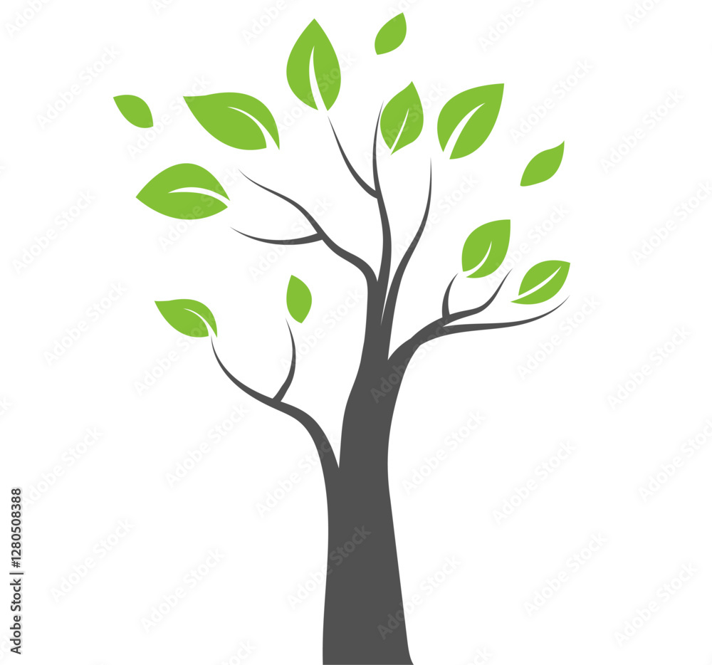 Design of a stylized tree with green leaves in a simple vector illustration on a white background Design of a stylized tree with green leaves in a simple vector illustration on a white background