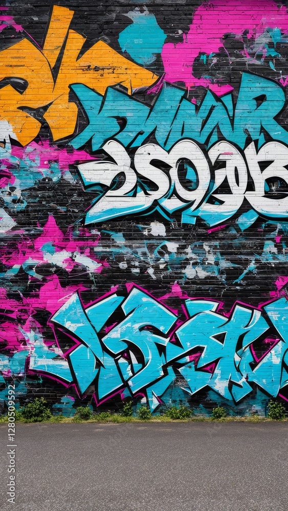 Obraz premium Colorful graffiti artwork on urban brick wall with vibrant blue, pink, orange, and white lettering. Street art background for creative design