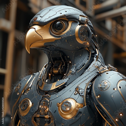 Futuristic robotic bird with metallic design. photo