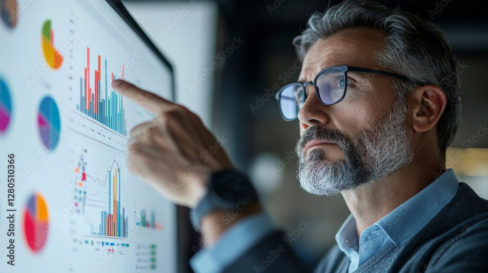 man analyzing data on screen, focusing on graphs and charts, showcasing business insights and analytics. His expression reflects concentration and determination