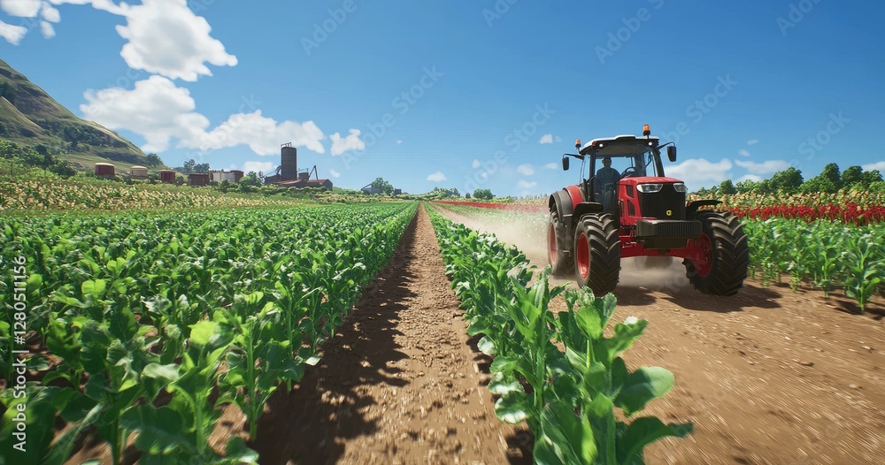 Red tractor working field, rows of crops, rural landscape, factory in background Red tractor working field, rows of crops, rural landscape, factory in background