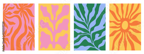 Vector illustration in simple linocut or cut our hand draw naive wavy groovy style, flowers and plants, floral botanic design templates, modern art prints, posters and placards