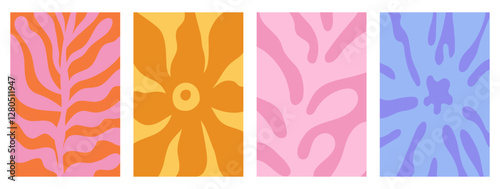 Vector illustration in simple linocut or cut our hand draw naive wavy groovy style, flowers and plants, floral botanic design templates, modern art prints, posters and placards