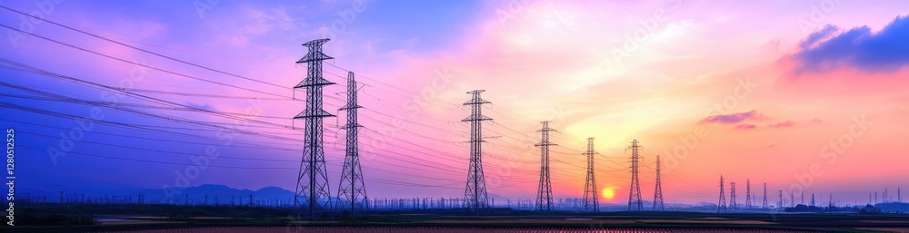 Fototapeta premium Power Lines at Sunrise Over Rural Landscape