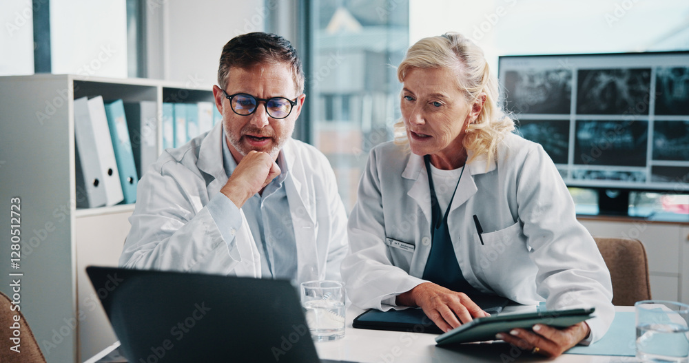 Fototapeta premium People, doctors and meeting on laptop at hospital for x ray study, laboratory results and collaboration. Staff, tablet and online information for radiology, problem solving and medical report of scan