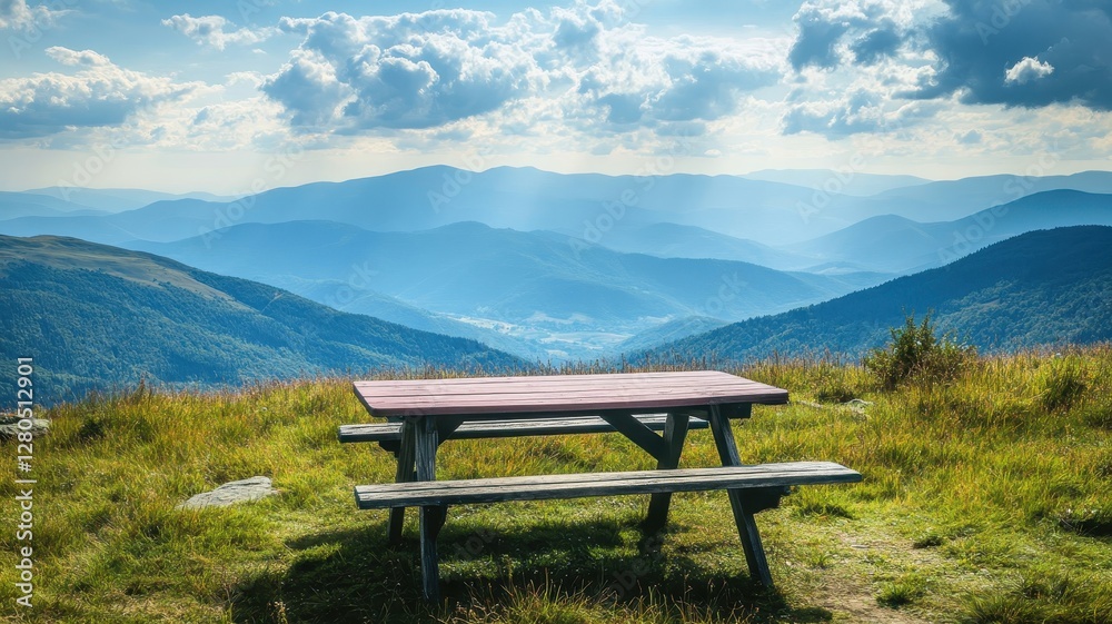 Top view of a picnic table set against a scenic hill with majestic mountains in the background. Top view of a picnic table set against a scenic hill with majestic mountains in the background.