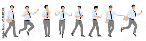 Set of Businessman character in different poses. Handsome man running, standing, walking, jumping, using phone, laptop, front, side view. Vector realistic illustration isolated