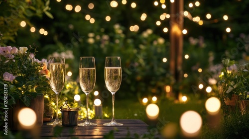 Alcohol consumption at a festive garden party with champagne glasses and fairy lights. Featuring joy and celebration
