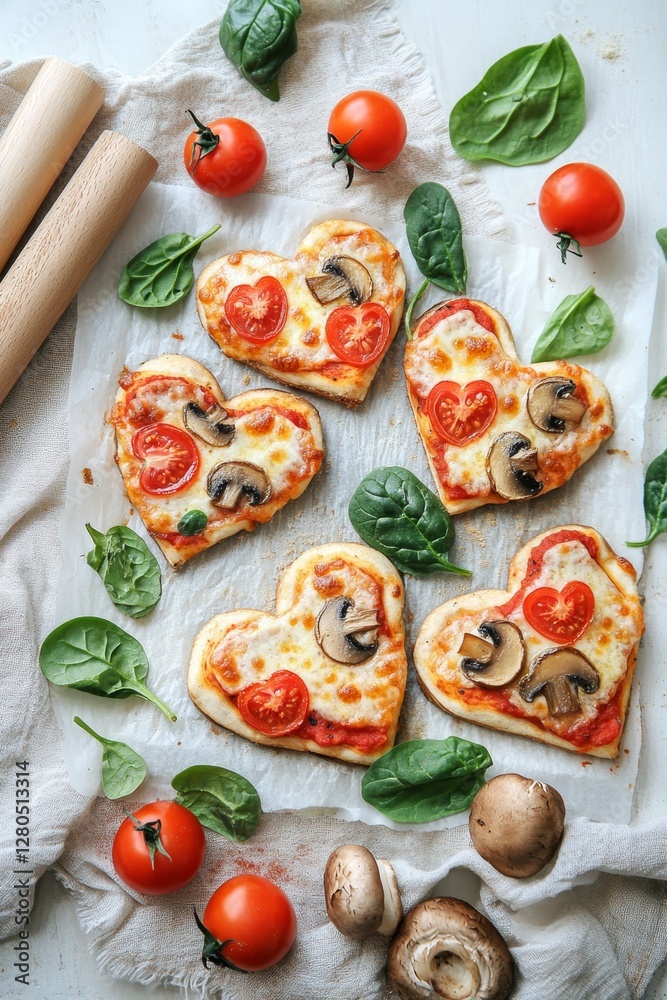 Heart shaped mini pizzas with spinach and mushrooms on a rustic table setting Heart shaped mini pizzas with spinach and mushrooms on a rustic table setting