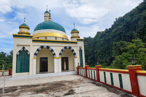 View of the mosque on the mountain slopes in the morning