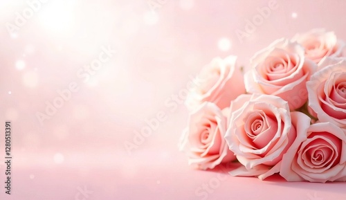 Greeting, invitation, celebration wedding card. Roses bouquet floral light pink background, High Resolution on the bottom corner, copy space