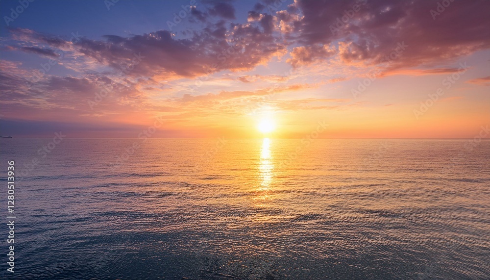 Fototapeta premium Sunrise sky with golden and pink hues spreading across a calm sea, perfect for morning-themed wellness and fitness promotions.