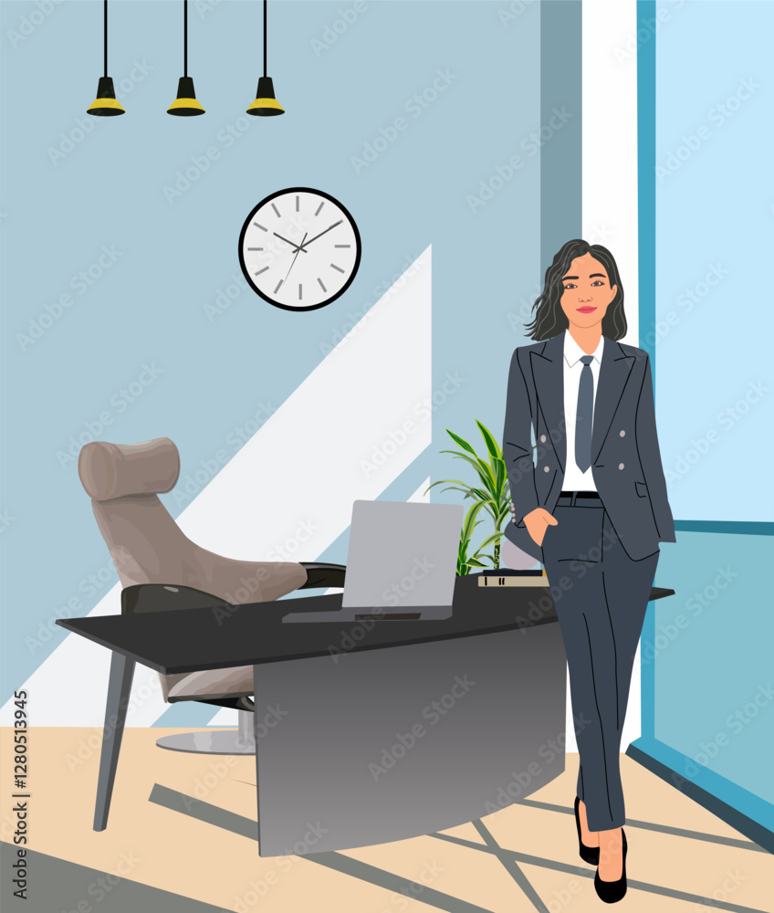 Young pretty business woman standing in sunny modern office with big panoramic window, fashionable furniture, desk, armchair, laptop. Beautiful lady boss in formal suit and tie. Vector illustration. Young pretty business woman standing in sunny modern office with big panoramic window, fashionable furniture, desk, armchair, laptop. Beautiful lady boss in formal suit and tie. Vector illustration.