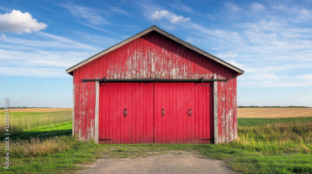A barn-style automatic garage door with sliding mechanisms, painted red with a weathered look A barn-style automatic garage door with sliding mechanisms, painted red with a weathered look