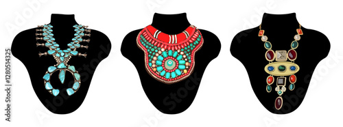 Set of Ancient Ethnic Necklaces made of gold, silver with different Gem Stones. Antique accessory, vintage jewelry. Display of jeweler product, expensive rarity. Vector illustration isolated.