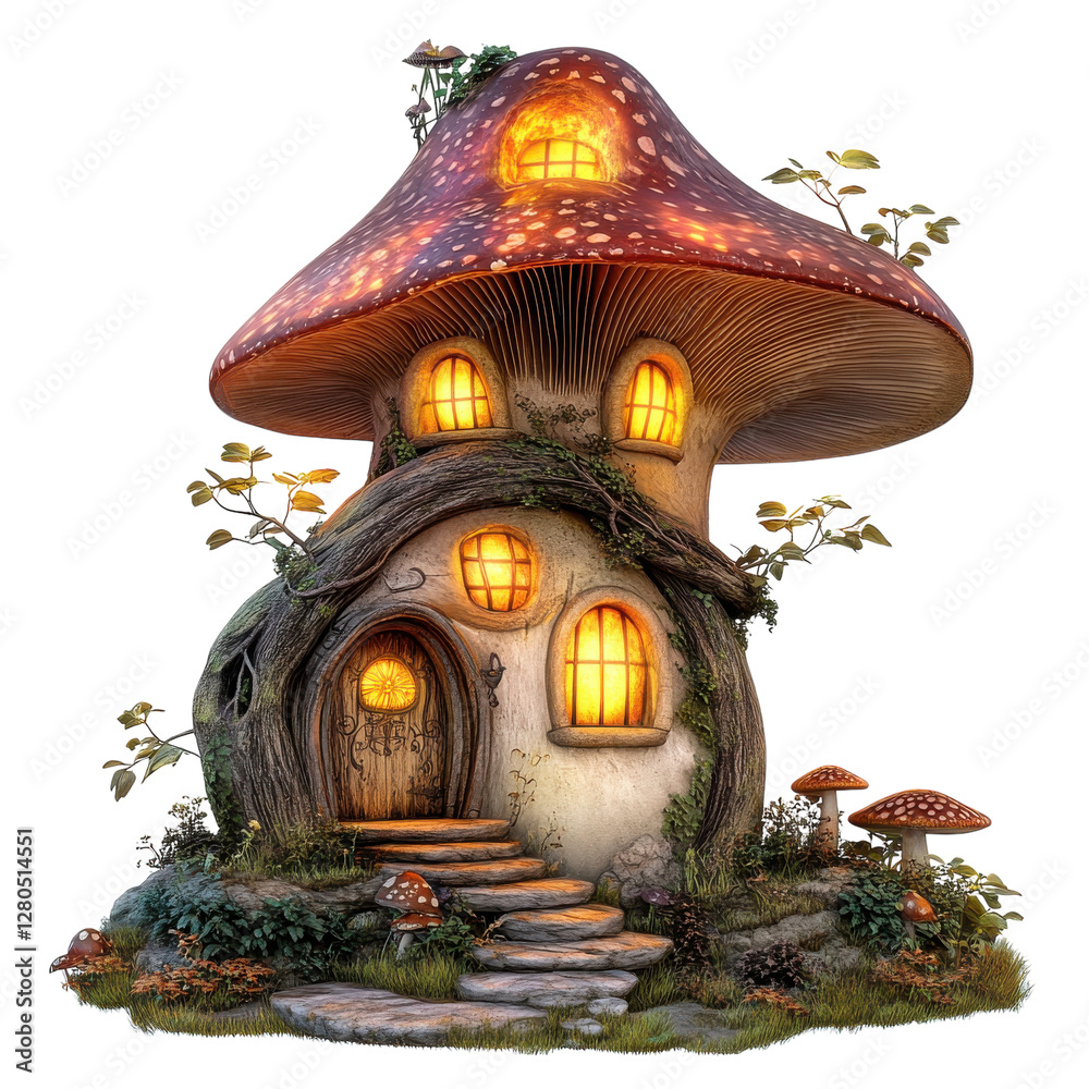 Fototapeta premium Whimsical Glowing Mushroom House on transparent background.