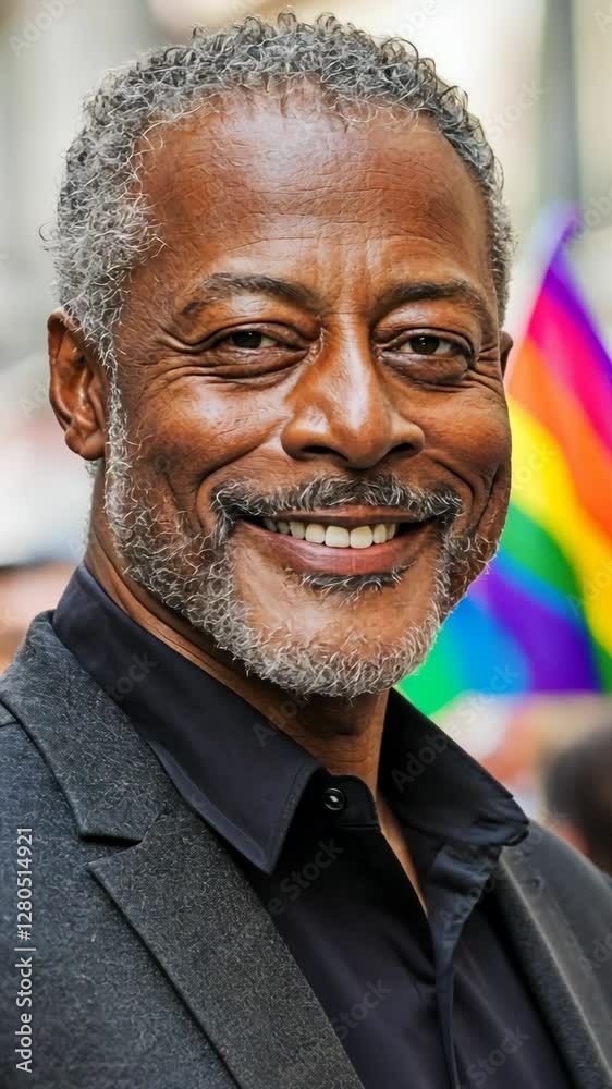 Smiling man in formal attire celebrates at a pride event in a vibrant city during the day Smiling man in formal attire celebrates at a pride event in a vibrant city during the day
