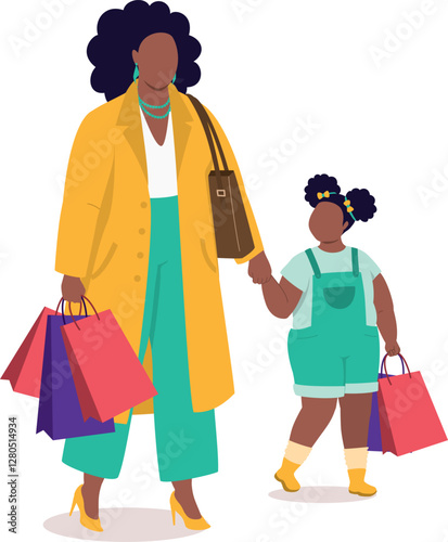Plus Size Black Mother And Her Little Daughter With Shopping Bags, Walking While Holding Hands Together.