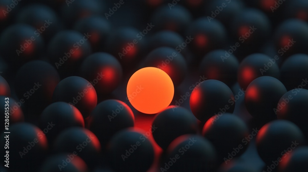 Fototapeta premium Vibrant Orange Sphere Surrounded by Dark Spheres in Abstract Setting