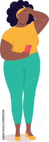 One Plus Size Black Woman With Hand On Forehead, Looking At Her Cellphone Feeling Worried.