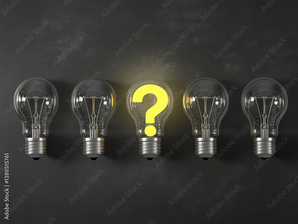 Conceptual image of a row of transparent light bulbs against a dark textured background, with one bulb in the center glowing bright yellow with a question mark inside it, symbolizing ideas, innovation Conceptual image of a row of transparent light bulbs against a dark textured background, with one bulb in the center glowing bright yellow with a question mark inside it, symbolizing ideas, innovation