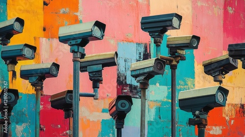 Numerous security cameras stand against a colorful painted concrete wall