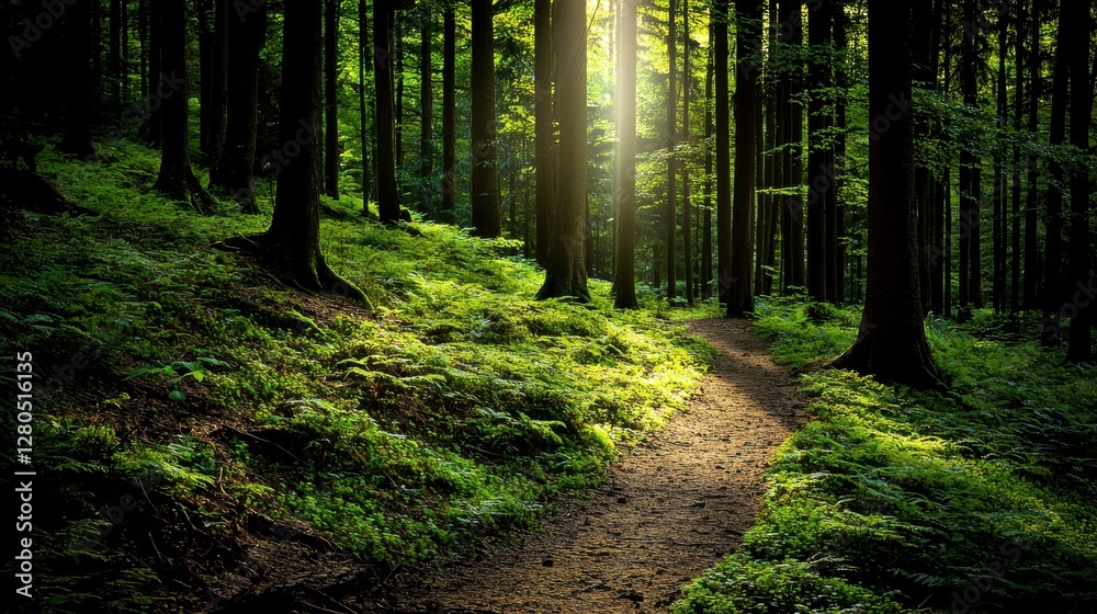 Fototapeta premium A serene forest scene with sunlight filtering through trees, casting a warm glow on a winding dirt path surrounded by lush greenery.