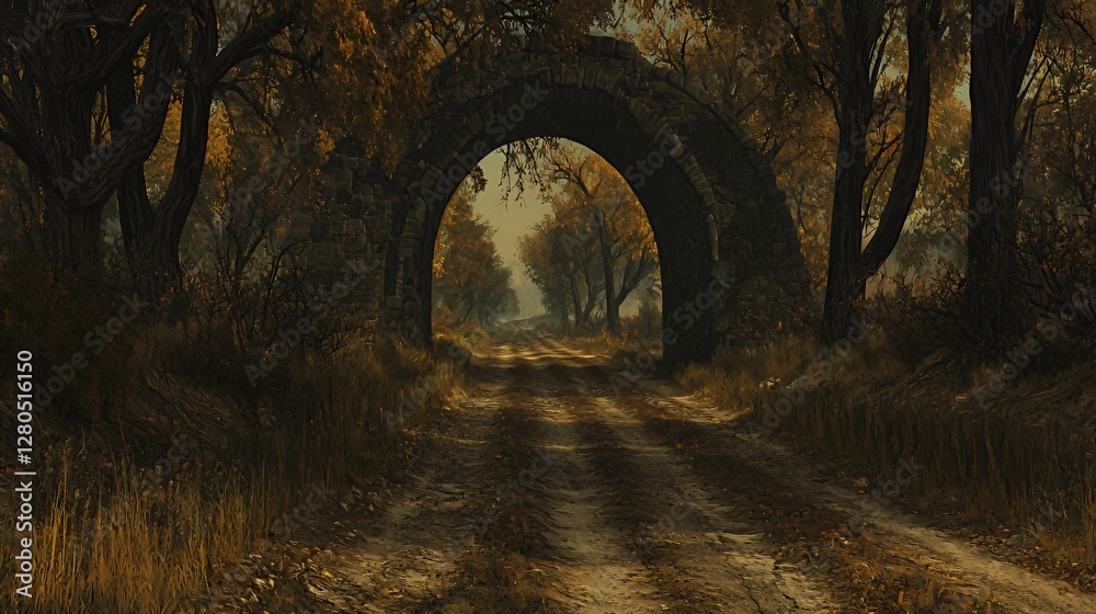 Obraz premium Autumnal Forest Path Leading Through Stone Archway